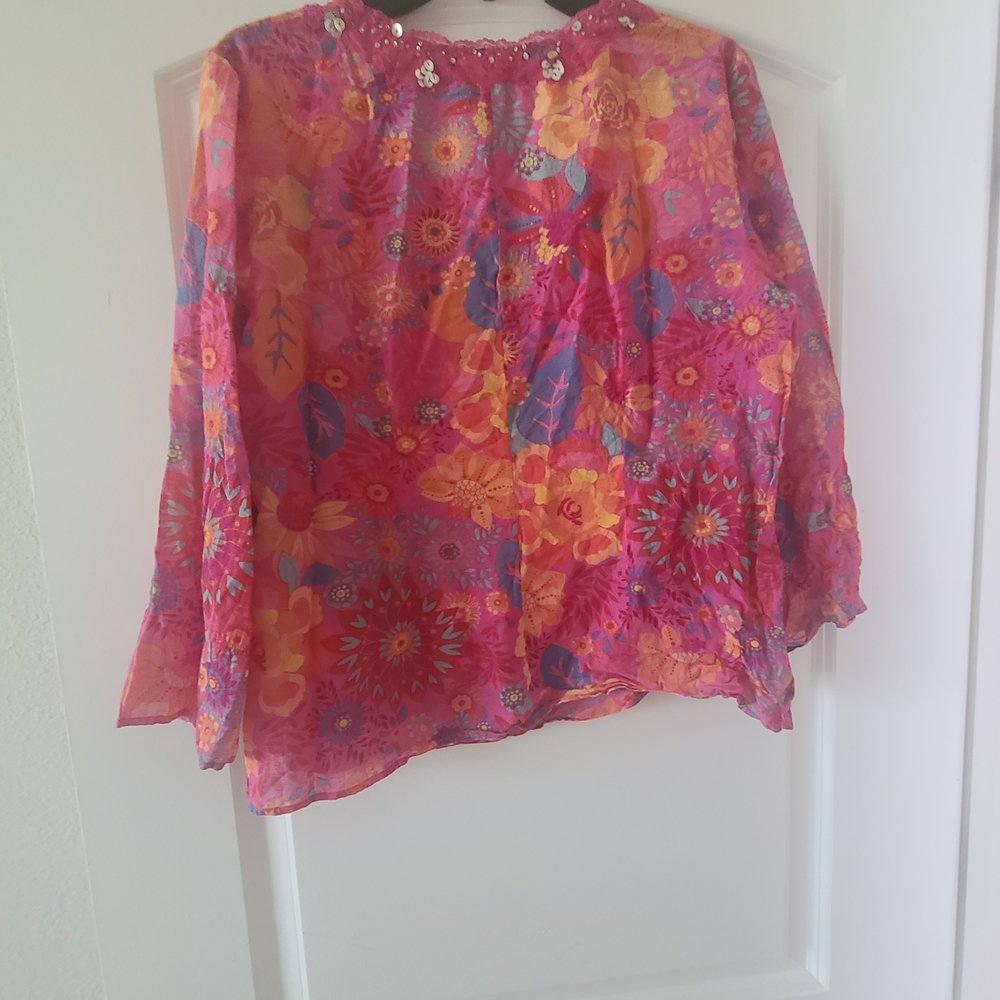 Sigrid Olsen Pink and Orange Floral Sequin V-Neck Blouse - Picture 6 of 7
